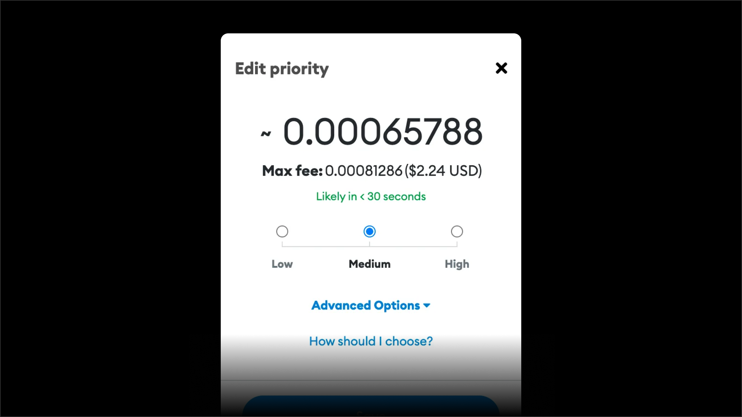 MetaMask's menu of posted prices for transaction priority fees.